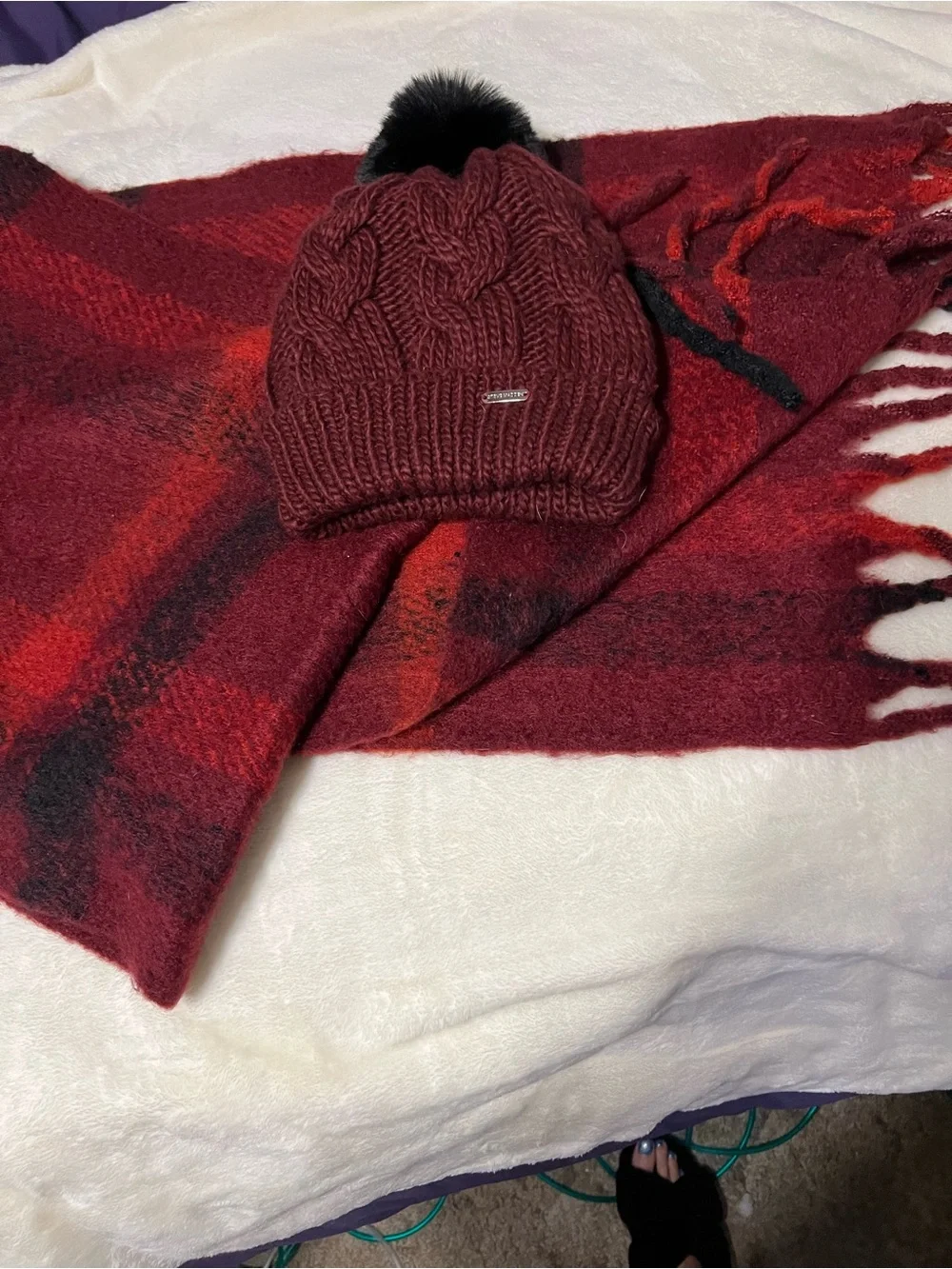 Steve Madden Burgundy and Black Plaid Fringe Scarf